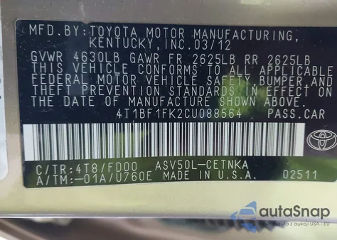 2012 Toyota Camry Le из США, поврежденный, VIN 4T1BF1FK2CU088564